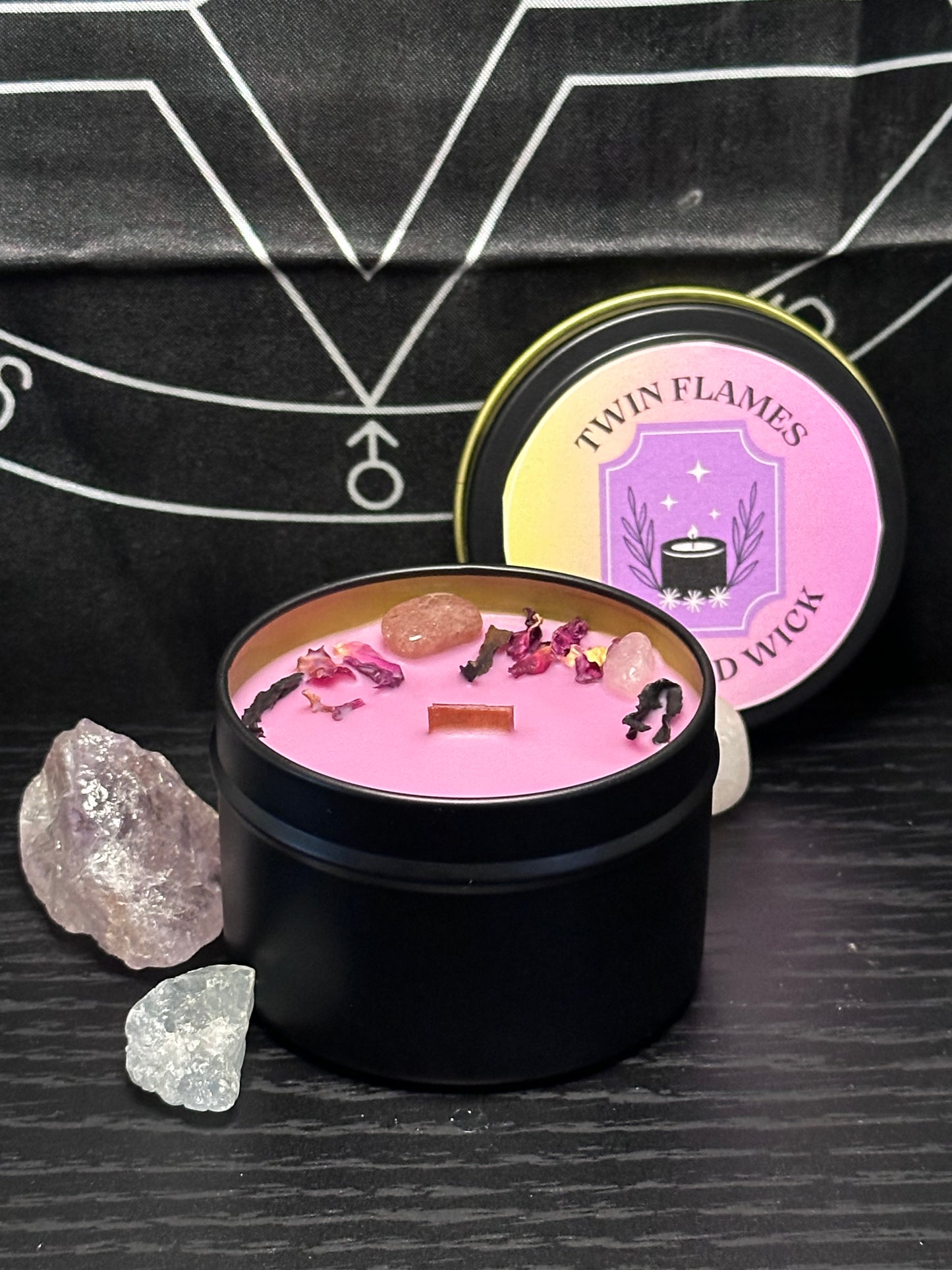 Twin Flame Soy Candle – Jasmine, Sandalwood & Black Cherry | Wooden Wick, Rose & Crystal Accents | Sensual Intimacy Candle